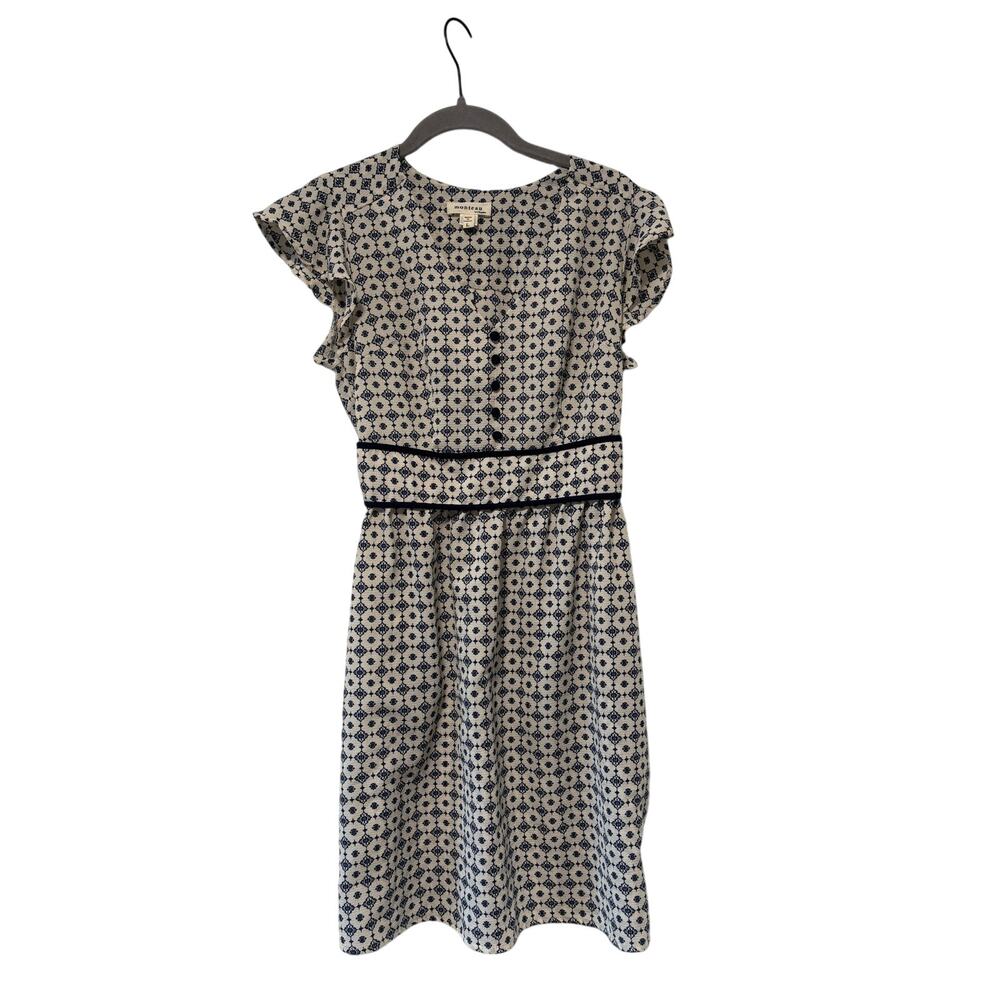 Monteau Los Angeles Dress Large Blue White Printed Ruffle Sleeve Fit & Flare - Picture 2 of 10
